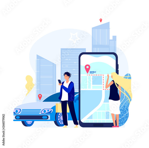 Renting cars concept. Car rent app carshare transport payment with smartphone auto driver sharing taxi search vector background. Illustration of car rent service, carsharing app mobile