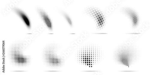 Set of halftone dots curved gradient pattern texture isolated on white background. Curve dotted spots using halftone circle dot raster texture collection. Vector blot half tone collection.  photo