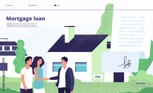 Mortgage loan. People borrower buy home property with bank credit. Young couple with broker, private house owner. Vector landing page mortgage property, credit house illustration