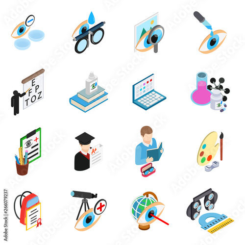 Eye treatment icons set. Isometric set of 16 eye treatment vector icons for web isolated on white background