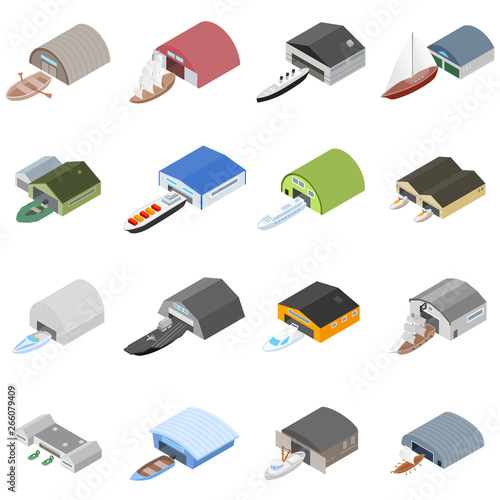 Hangar icons set. Isometric set of 16 hangar vector icons for web isolated on white background