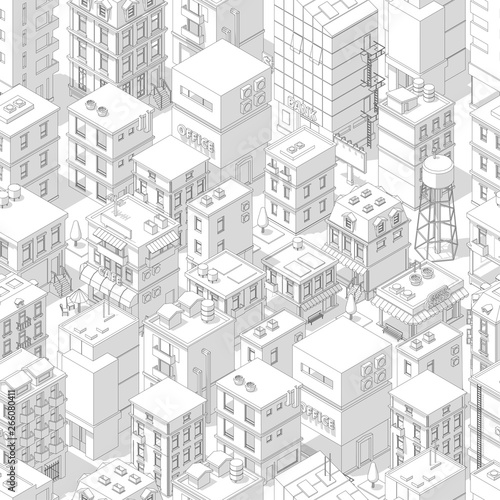 Buildings city seamless pattern. Isometric top view. Vector town city street outline with shadows. Gray lines contour style background. Highly detailed.