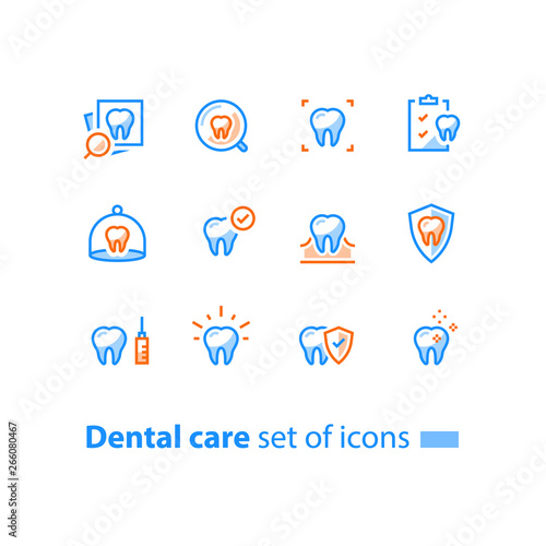 Stomatology services, dental care, prevention check up, hygiene and treatment, line icons
