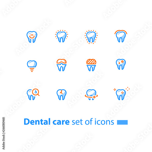 Stomatology services, dental care, prevention check up, tooth implant and crown, line icons