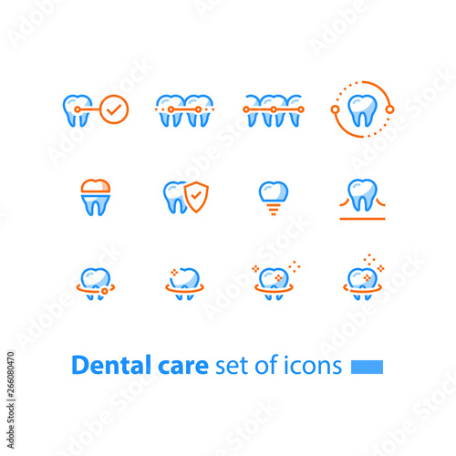 Teeth braces, dental care, stomatology services, cleaning and whitening, implant and crown, protection concept, line icons