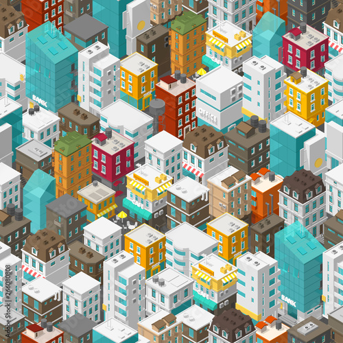 Buildings city seamless pattern. Isometric top view. Vector town city street. Multi-colored style background. Highly detailed.