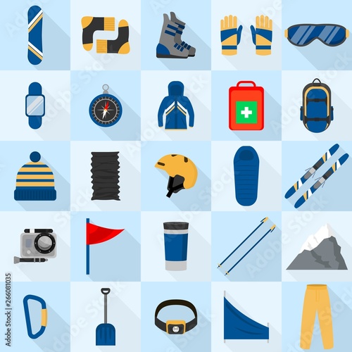 Mountain snowboarding equipment icons set. Flat set of mountain snowboarding equipment vector icons for web design