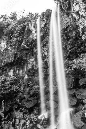 black and white landscape view of waterfall, jeju, South Korea