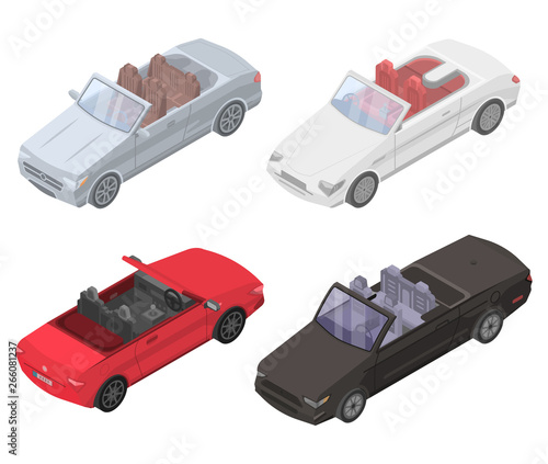 Cabriolet car icons set. Isometric set of cabriolet car vector icons for web design isolated on white background