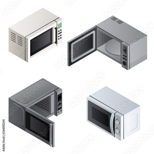 Microwave icons set. Isometric set of microwave vector icons for web design isolated on white background