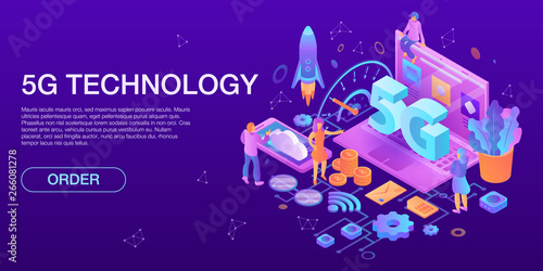 Modern 5G technology concept banner. Isometric illustration of modern 5G technology vector concept banner for web design
