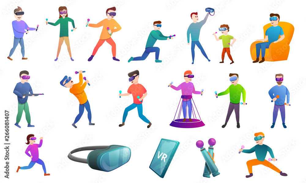 Game goggles icons set. Cartoon set of game goggles vector icons for web design