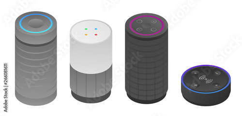 Smart speaker icons set. Isometric set of smart speaker vector icons for web design isolated on white background