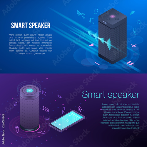 Modern smart speaker banner set. Isometric set of modern smart speaker vector banner for web design