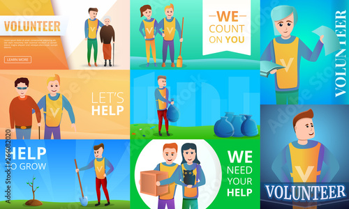 Modern volunteering banner set. Cartoon illustration of modern volunteering vector banner set for web design