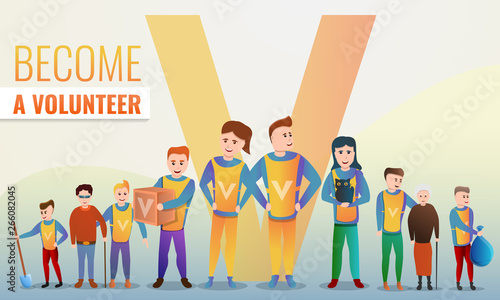 Helping volunteering concept banner. Cartoon illustration of helping volunteering vector concept banner for web design