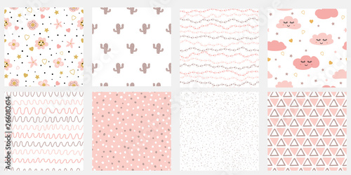 Set of cute abstract hand drawn pink seamless patterns Stripes flowers cloud cactus points vector background