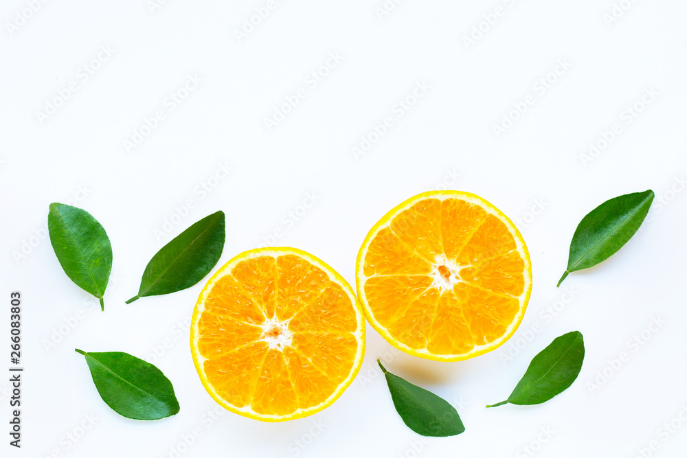 High vitamin C, Orange fruits with leaves on white background. High vitamin C, Orange fruits with leaves on white background.
