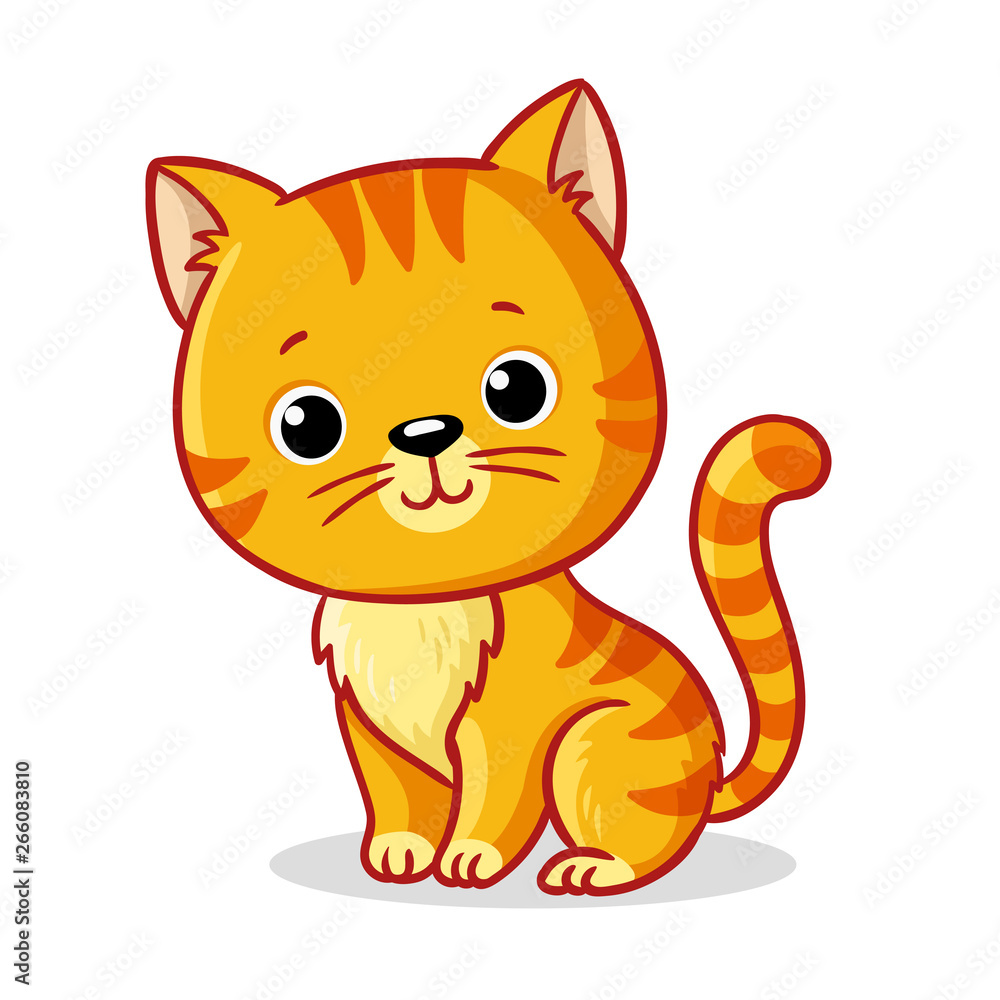 Ginger kitten sitting on a white background. Cute animal in cartoon