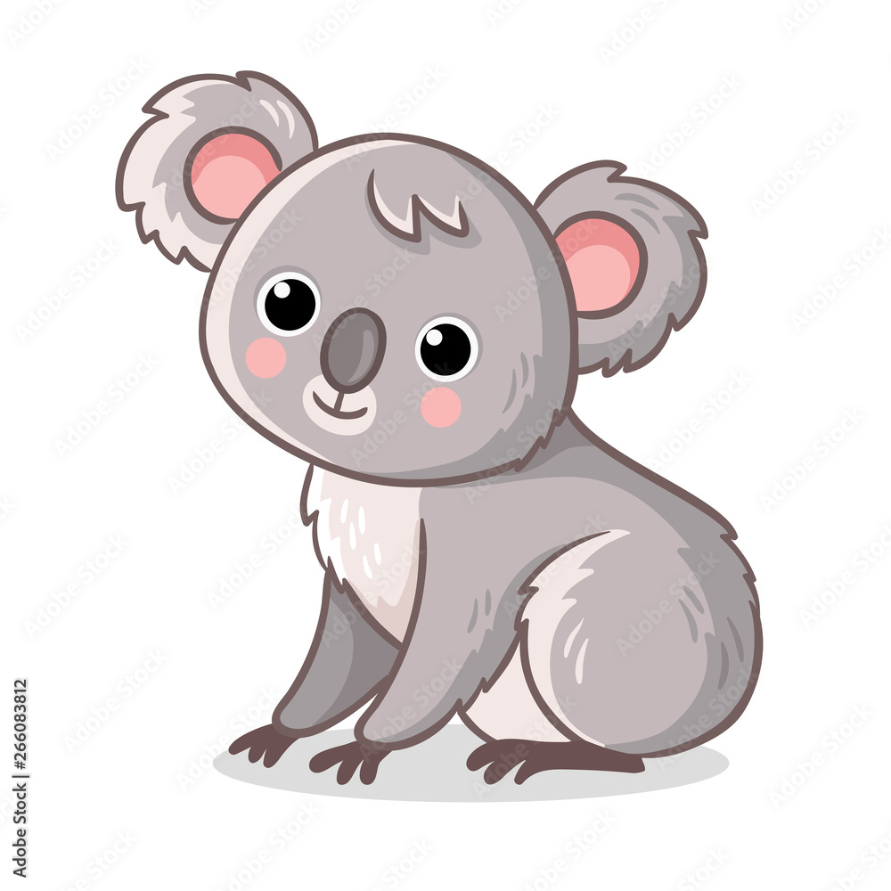 Koala sits on a white background. Cute animal in cartoon style.