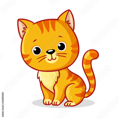 Ginger kitten sitting on a white background. Cute animal in cartoon style.