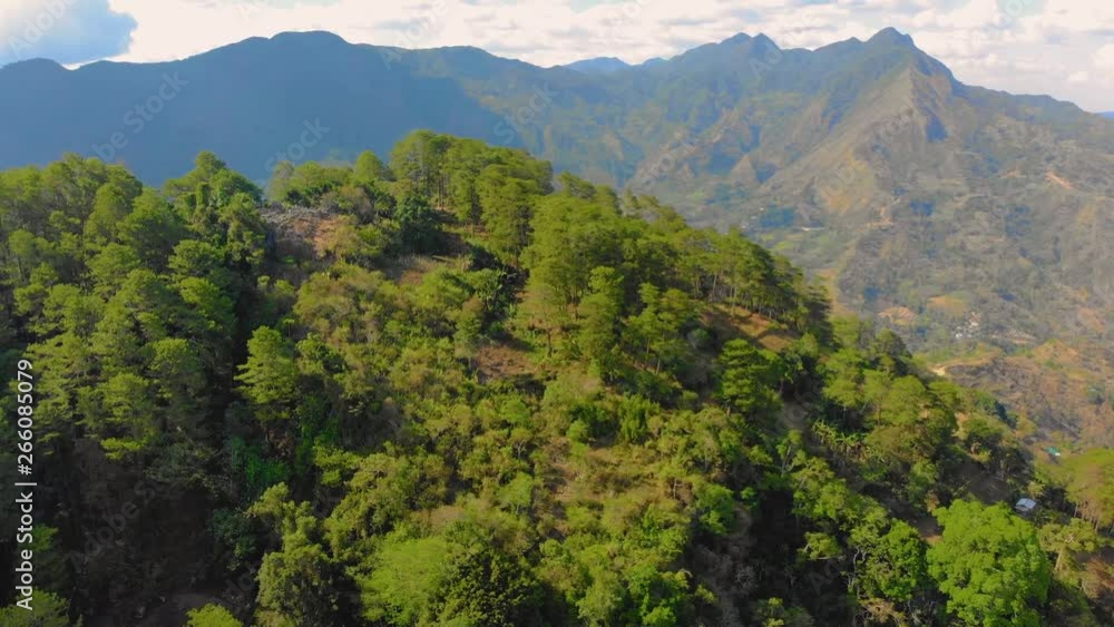 Aerial, a hill with a dense forest in the foreground and in the background a high mountain range Aerial, a hill with a dense forest in the foreground and in the background a high mountain range