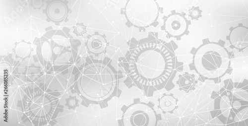 Grey & white vector banner design - communication / connection / network illustration with lines and gears