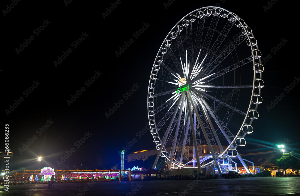 BANGKOK, THAILAND, JANUARY 10, 2019 - Ferris wheel in Asiatique Bangkok by night, Thailand.