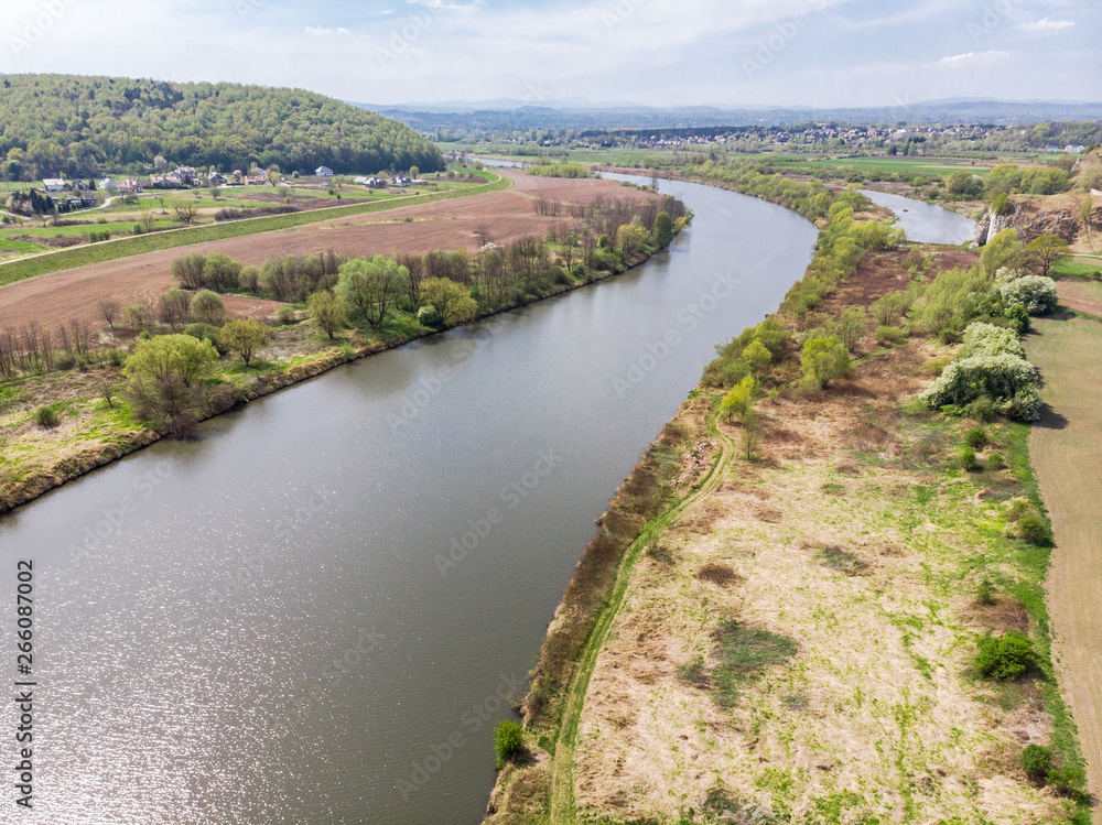 Obraz premium Aerial drone view over Vistula river near Cracow in Poland