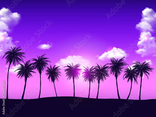 Summer Palm Trees in Sunset Background. Summer vibes. Vector İllustration. EPS 10. © evrimdoga