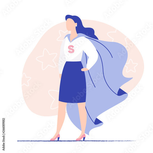 Superhero conceptual illustration. Young woman wearing a superhero cape. Flat vector illustration, editorial illustration.