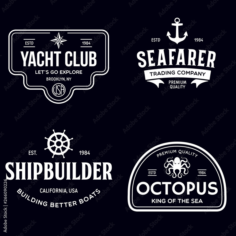 Set of sea and nautical typography badges and design elements. Templates for company logo. Marine cruise, yacht club, trading companym, shipbuilding and other themes. Set of sea and nautical typography badges and design elements. Templates for company logo. Marine cruise, yacht club, trading companym, shipbuilding and other themes.