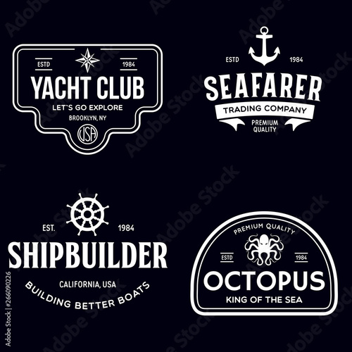 Set of sea and nautical typography badges and design elements. Templates for company logo. Marine cruise, yacht club, trading companym, shipbuilding and other themes.