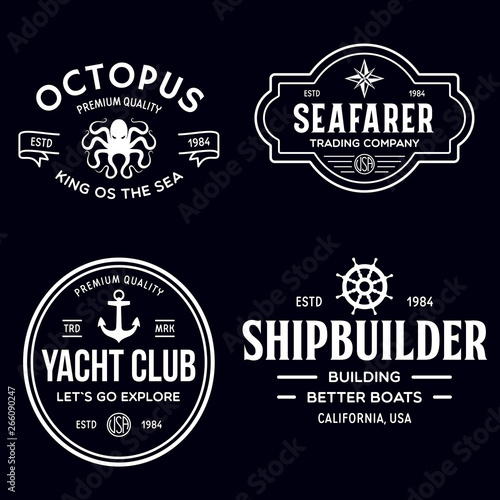 Set of sea and nautical typography badges and design elements. Templates for company logo. Marine cruise, yacht club, trading companym, shipbuilding and other themes.