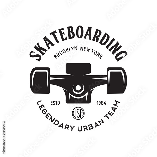 Skateboarding label badge. Skate shop logotype. Design elements for posters, t-shirt prints, emblems. photo