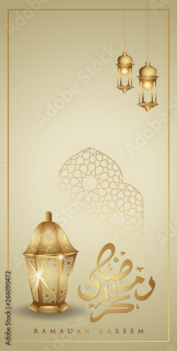 Ramadan kareem with golden luxurious crescent moon and Traditional lantern, template islamic ornate greeting card vector for Mobile interface wallpaper design smart phones, mobiles, devices.