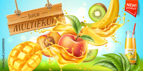 Realistic multifruit juice bottle advertising with tropical fruits in juice splash explosion. Vector fresh drink package design. Ripe kiwi, peach with green leaves, mango and banana in juicy motion.