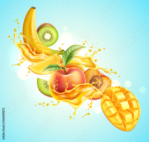Realistic tropical fruits in juice splash explosion. Vector fresh drink package design. Ripe kiwi, peach with green leaves, mango and banana in juicy motion. Multifruit drink advertising design.
