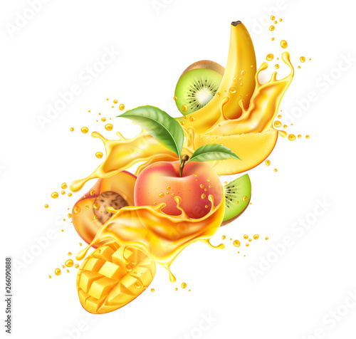 Realistic tropical fruits in juice splash explosion. Vector fresh drink package design. Ripe kiwi, peach with green leaves, mango and banana in juicy motion. Multifruit drink advertising design.