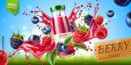 Realistic forest berries juice advertising design with blackberry, blueberry and raspberry in juicy splashing liquid. Forest mix splash for natural healthy product package design. Vector illustration