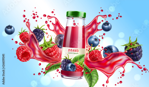 Realistic forest berries juice advertising design with blackberry, blueberry and raspberry in juicy splashing liquid. Forest mix splash for natural healthy product package design. Vector illustration