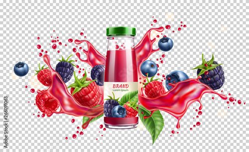 Realistic forest berries juice advertising design with blackberry, blueberry and raspberry in juicy splashing liquid. Forest mix splash for natural healthy product package design. Vector illustration