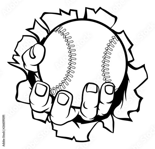 A strong hand holding a baseball ball tearing through the background. Sports graphic