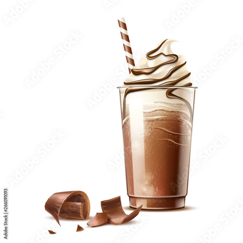 Realistic frappe coffee in disposable plastic cup with straw and chocolate slices. Vector cold coffee with cocoa topping whipped cream. Coffee milkshake cocktail Delicious dessert with chocolate flake