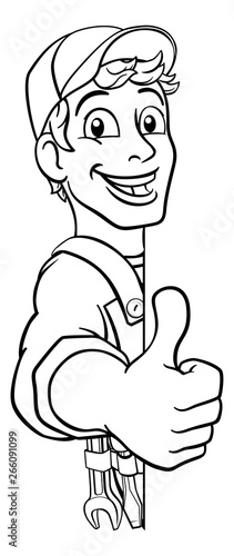 A handyman cartoon character caretaker construction man peeking around a sign and giving a thumbs up 
