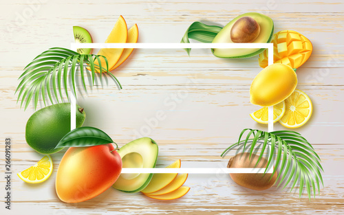 Summer banner with realistic fruits, tropical leaves. Hot summer advertising poster for holiday party, fresh product vector design. Banana kiwi mango avocado orange slices on wooden background