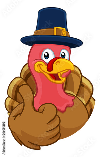 Pilgrim Turkey Thanksgiving bird animal cartoon character wearing a pilgrims hat giving a thumbs up