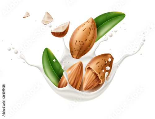 Realistic almond milk splash with nuts pieces, shell and green leaves. Vector splashing milky drink for natural organic product packaging. Flowing 3d milk explosion for delicious drink design. photo