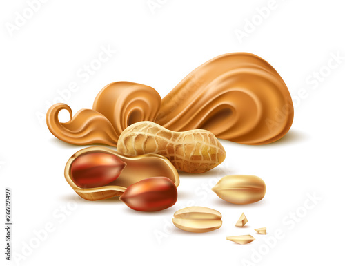 Realistic peanut butter package design with 3d arachis pods with shell and nuts. Vector delicious cream for natural product ad design. Tasty cream for sweet snacks.
