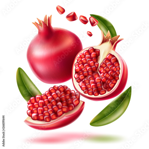 Realistic pomegranate whole, half and seeds with green leaves. Vector juicy ripe fruit for product package, menu design. Sweet tropical food full of vitamins.